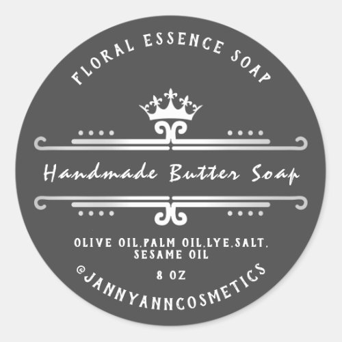Butter Soap Cosmetics  Silver Gray Royal Crown Classic Round Sticker