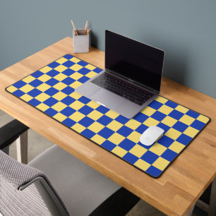 Butter yellow and blue checkered board pattern desk mat