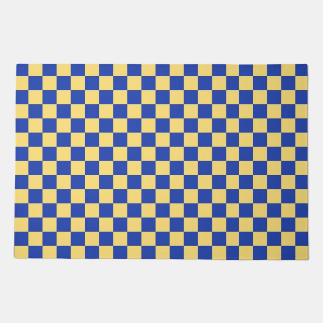 Butter yellow and blue checkered board pattern doormat (Front)
