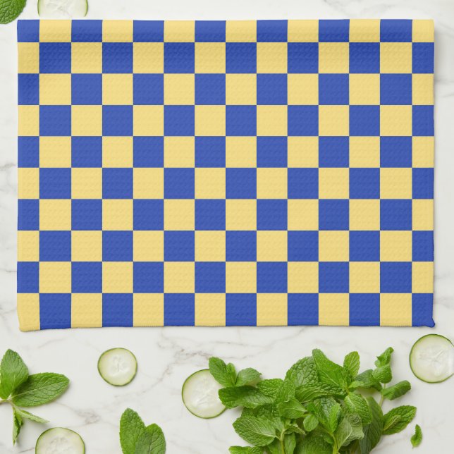 Butter yellow and blue checkered board pattern kitchen towel (Folded)