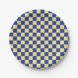 Butter yellow and blue checkered board pattern paper plates