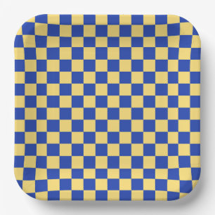 Butter yellow and blue checkered board pattern paper plates