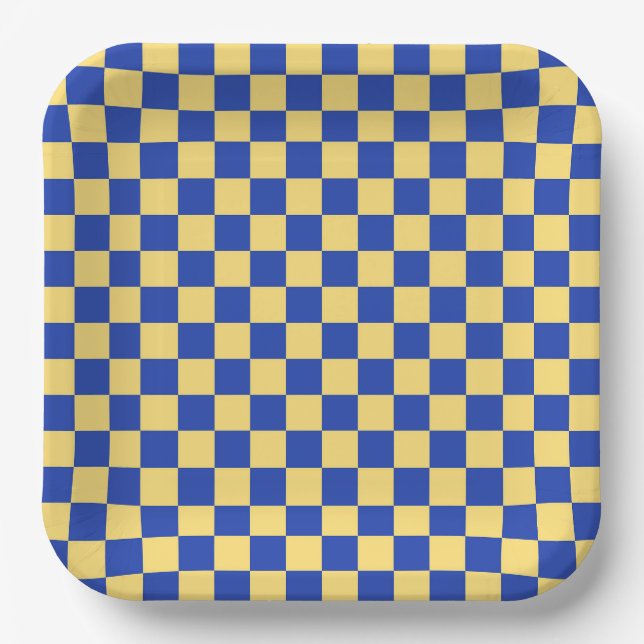 Butter yellow and blue checkered board pattern paper plates (Front)