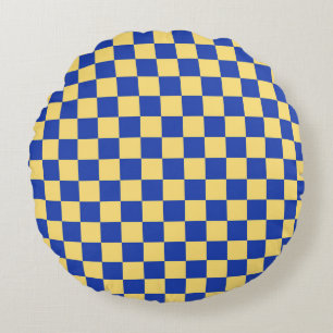 Butter yellow and blue checkered board pattern round pillow