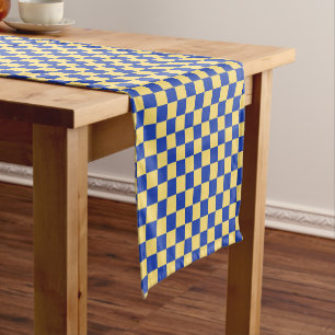 Butter yellow and blue checkered board pattern short table runner