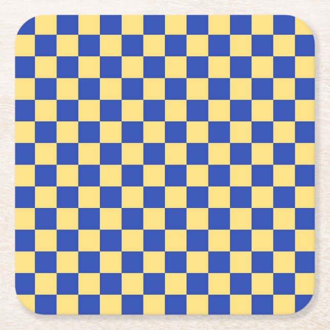 Butter yellow and blue checkered board pattern square paper coaster (Front)