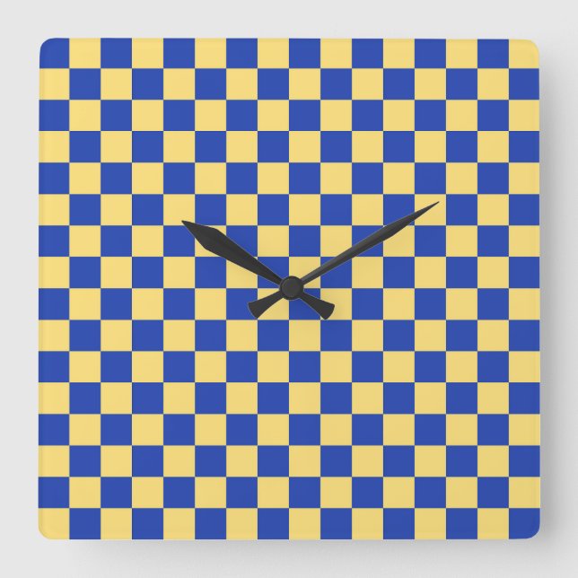 Butter yellow and blue checkered board pattern square wall clock (Front)