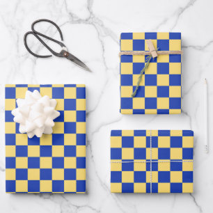 Butter yellow and blue checkered board pattern wrapping paper sheets