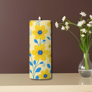 Butter Yellow and Blue Floral Acrylic Pillar Candle
