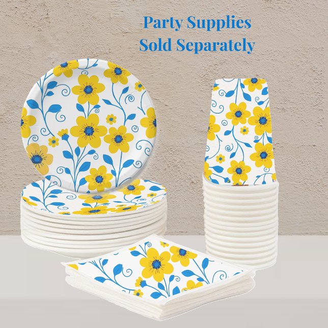 Butter Yellow and Blue Floral Paper Plates (Butter Yellow and Blue Floral Pattern- Party Supplies, plates, napkins and cups)