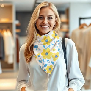 Butter Yellow and Blue Floral-White Background Bandana
