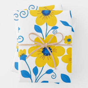Butter Yellow and Blue Floral  Wrapping Paper Sheets