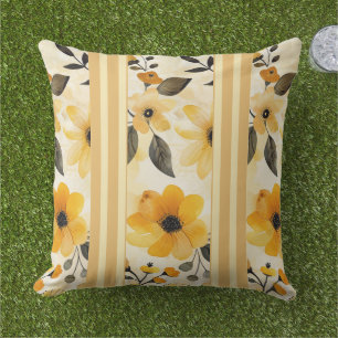 Butter yellow and floral striped outdoor pillow