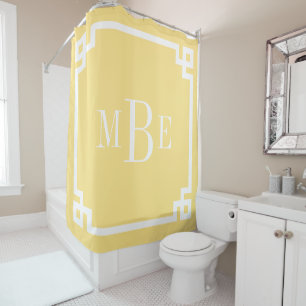 Butter Yellow and White Greek Key Monogrammed Shower Curtain