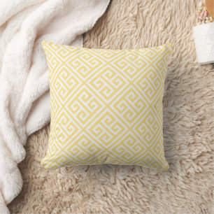 Butter Yellow and White Greek Key Pattern Throw Pillow