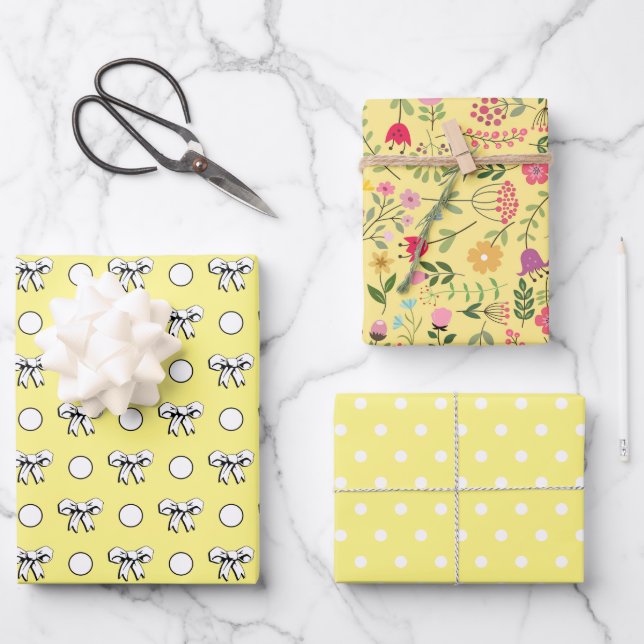 Butter Yellow and White Polka Dots Wildflowers Wrapping Paper Sheets (Front)