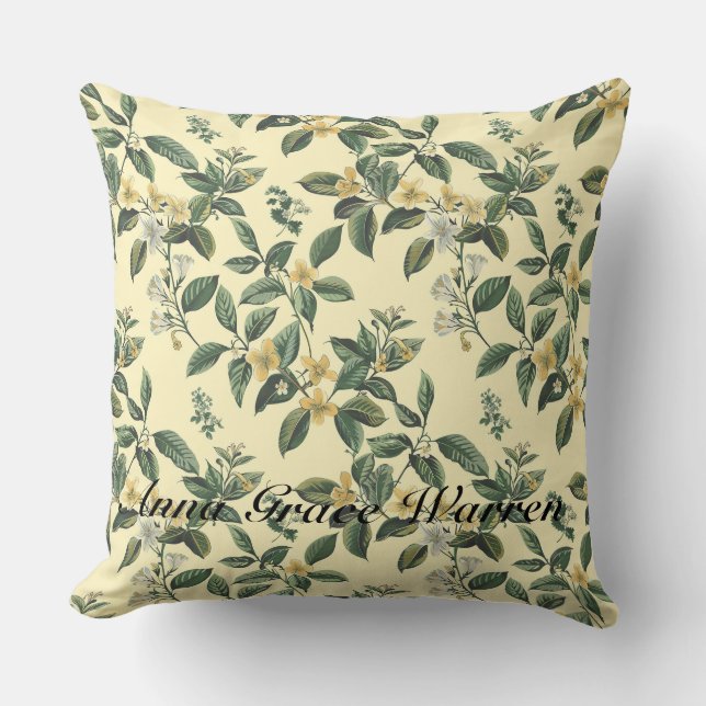 Butter Yellow Antique Old Botanical Pattern 1 Throw Pillow (Front)