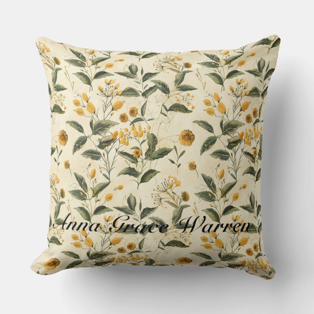 Butter Yellow Antique Old Botanical Pattern 2 Throw Pillow (Front)