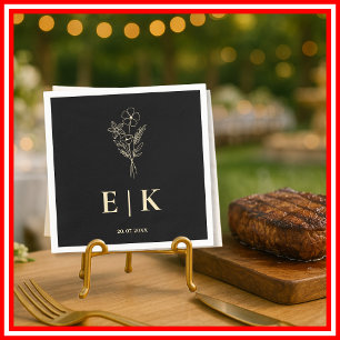 Butter Yellow Black Monogram Wildflower Wedding Napkins