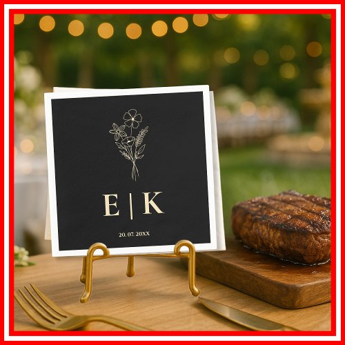 Butter Yellow Black Monogram Wildflower Wedding Napkins