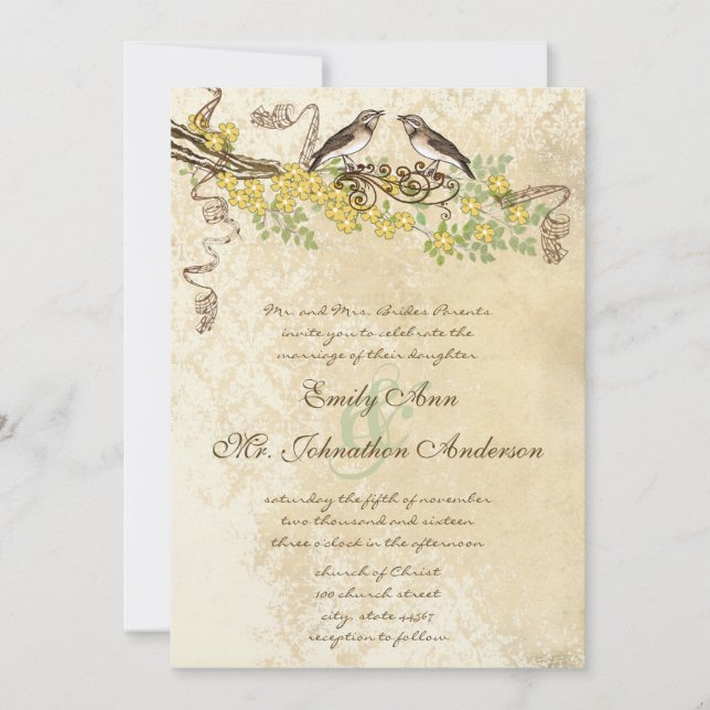 Butter Yellow Blooming Vintage Lovebird Weddings Invitation (Front)