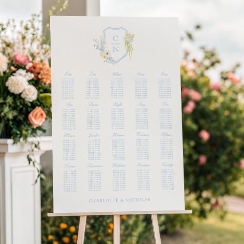Butter Yellow Blue Floral Crest Wedding Seating Foam Board