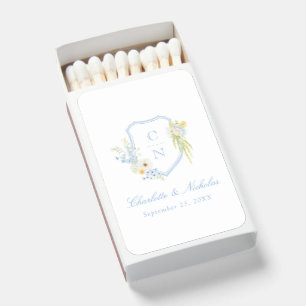 Butter Yellow Blue Floral Monogram Crest Wedding Matchboxes