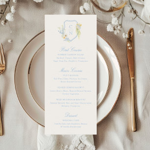 Butter Yellow Blue Floral Monogram Crest Wedding Menu
