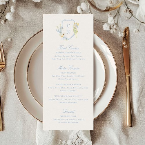 Butter Yellow Blue Floral Monogram Crest Wedding Menu