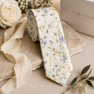 Butter Yellow Blue Watercolor Garden Floral Neck Tie