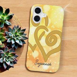 Butter Yellow Bokeh Background Gold Linked Heart  iPhone 16 Case