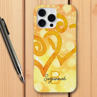 Butter Yellow Bokeh Gold Linked Heart Monogram iPhone 16 Pro Max Case