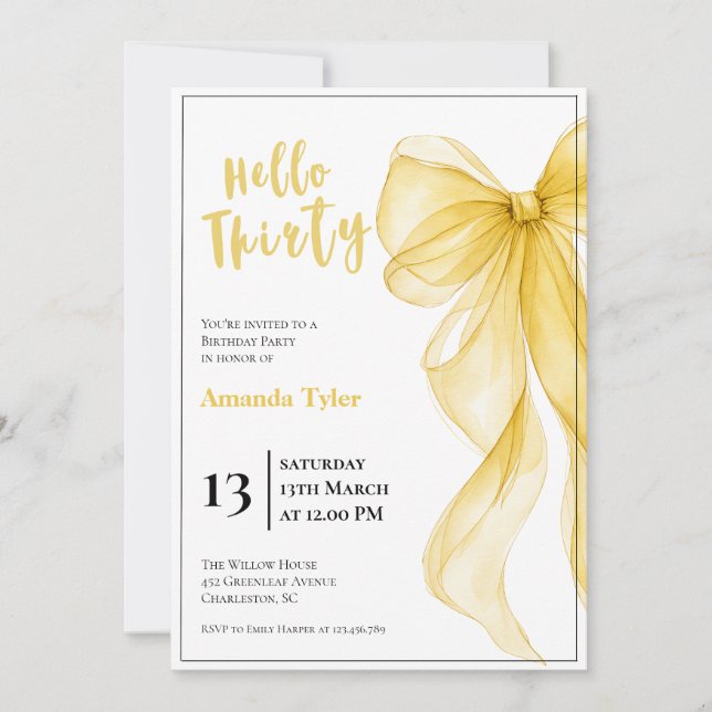 Butter Yellow Bow 30th Birthday Invitation (Front)