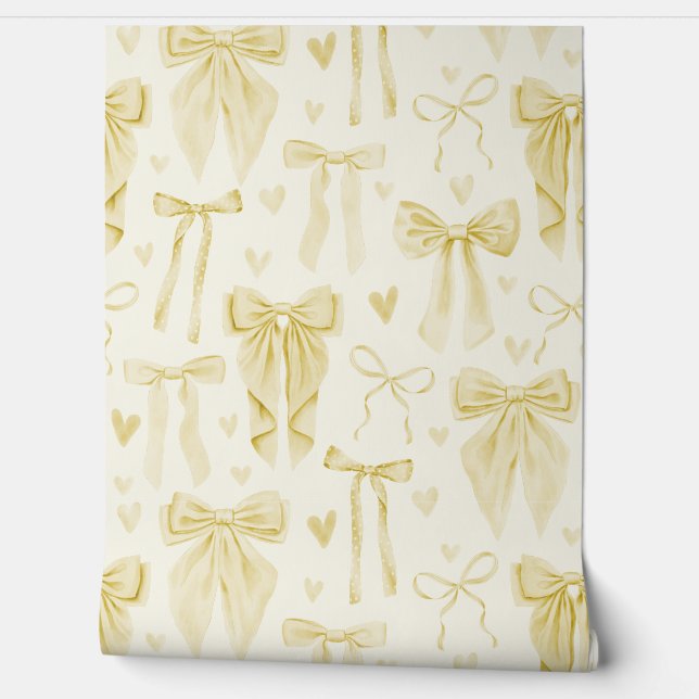Butter Yellow Bows and Hearts on Cream Wallpaper (Unrolling)