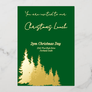 Butter Yellow & Deep Green Pines Merry Christmas Foil Invitation