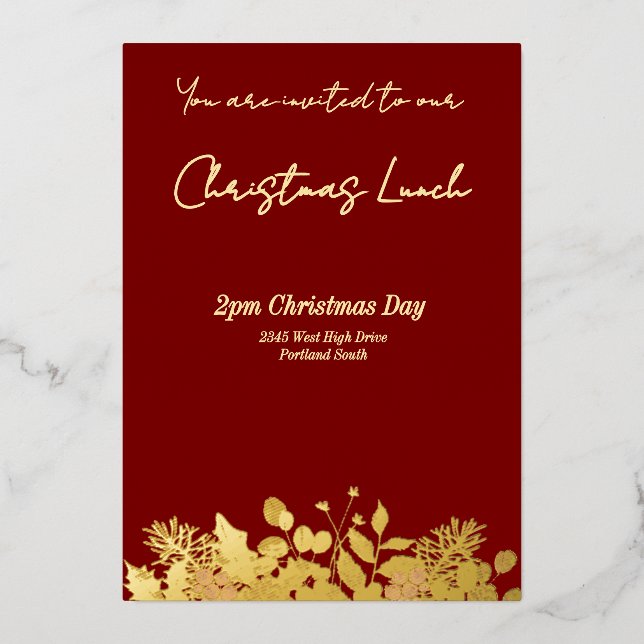 Butter Yellow & Deep Red Floral Merry Christmas Foil Invitation (Front)