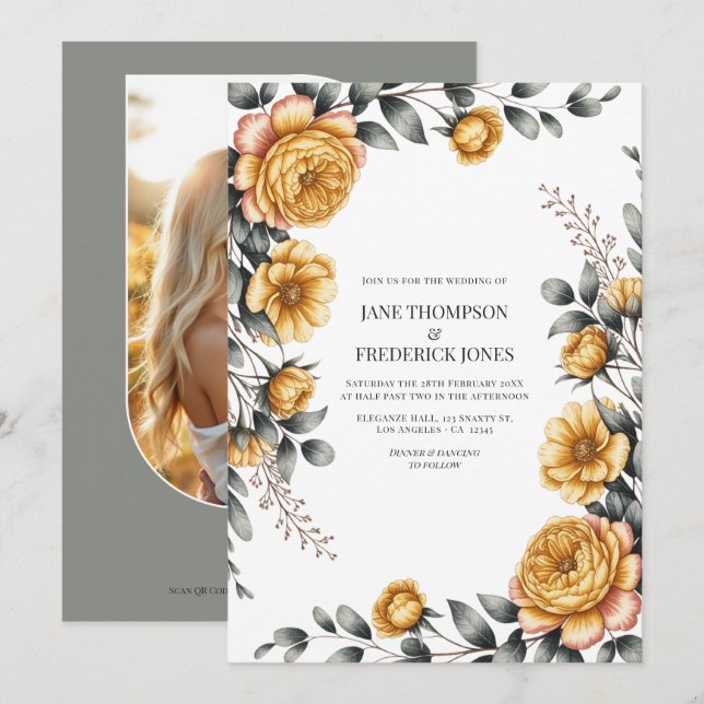 Butter Yellow & Dove Gray Botanical Floral Wedding Invitation (Front/Back)