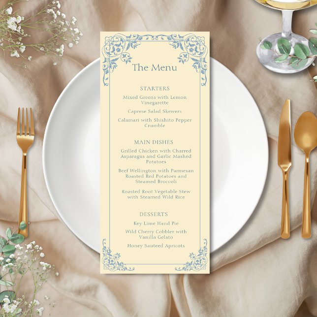 Butter Yellow Dusty Blue Elegant Wedding Menu (Elegant butter yellow and dusty blue vintage old money shabby chic coastal wedding event menu)