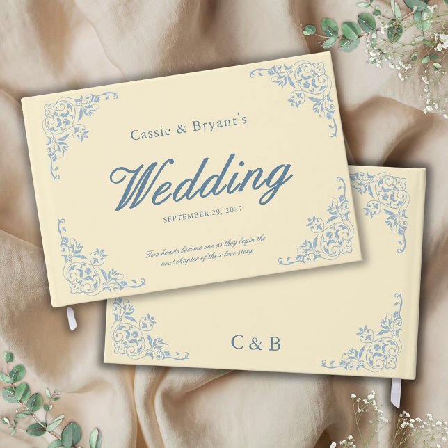 Butter Yellow Fairytale Wedding Guest Book (elegant butter yellow wedding guest book with vintage baroque border for fairytale regency era event)