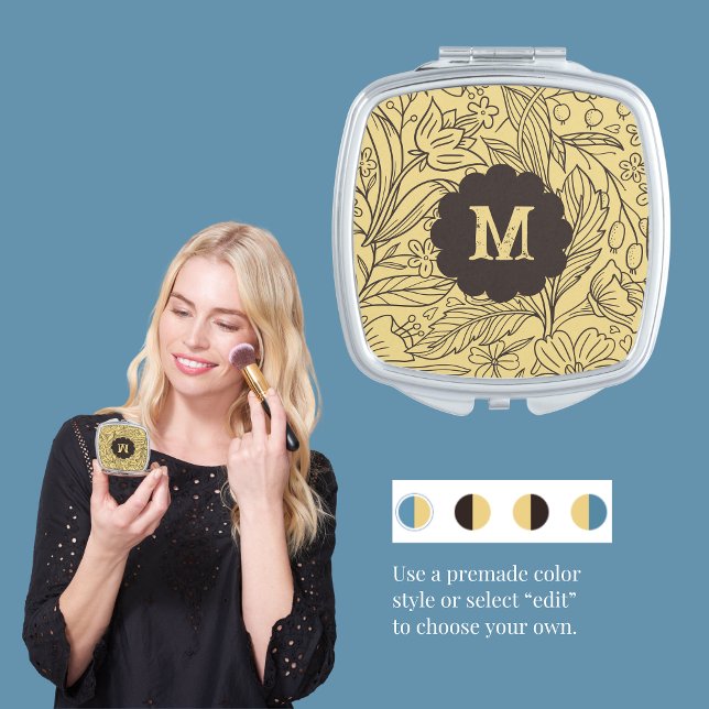 Butter Yellow Floral Customizable Compact Mirror (Vintage vibes floral customizable square compact mirror with initial is a great for Mother's Day. )