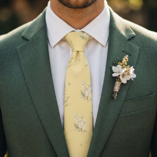 Butter Yellow Floral Wedding Mimosa & Citrus  Neck Tie