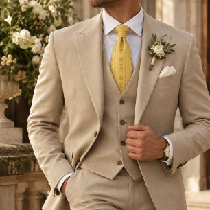 Butter Yellow Gold Acanthus Leaf Column Print Neck Tie