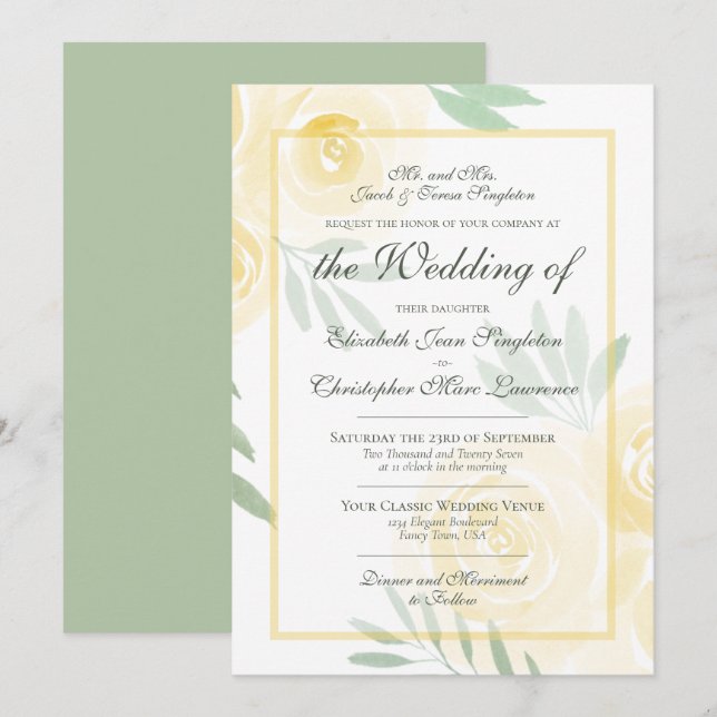 Butter Yellow & Gold Boho Roses Formal Wedding Invitation (Front/Back)
