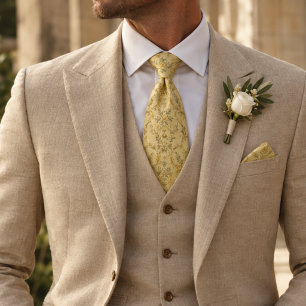 Butter Yellow Gold Rose Vine Floral Damask Neck Tie