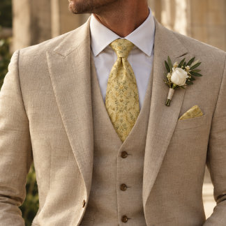 Butter Yellow Gold Rose Vine Floral Damask Neck Tie