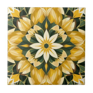 Butter Yellow, Green Floral Ceramic Tile