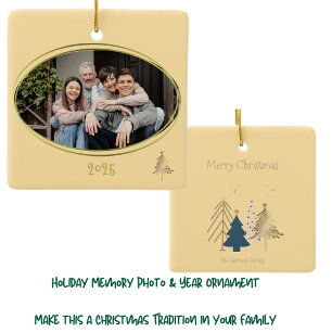 Butter Yellow Green Pink & Gold Christmas Trees Ceramic Ornament