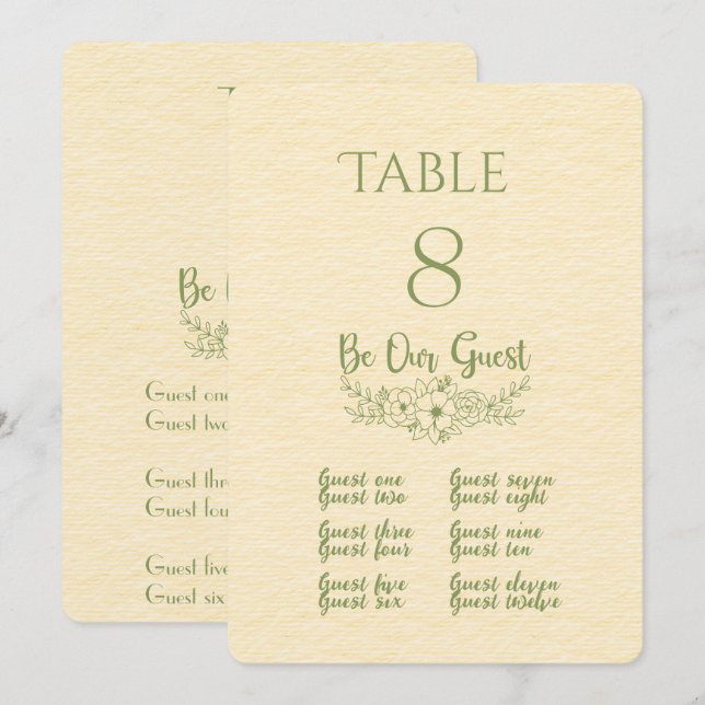 Butter Yellow & Green Table Number and Place Card  (Front/Back)
