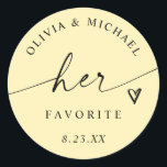 Butter Yellow Her Favorite Wedding Treat Bag Classic Round Sticker<br><div class="desc">Soft and sunny,  these butter yellow “Her Favorite” stickers feature modern script and a heart accent for a cheerful,  elegant touch. Perfect for spring or summer weddings,  they pair beautifully with “His Favorite” stickers for matching his and hers favors.</div>