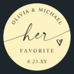 Butter Yellow Her Favorite Wedding Treat Bag Classic Round Sticker<br><div class="desc">Soft and sunny,  these butter yellow “Her Favorite” stickers feature modern script and a heart accent for a cheerful,  elegant touch. Perfect for spring or summer weddings,  they pair beautifully with “His Favorite” stickers for matching his and hers favors.</div>